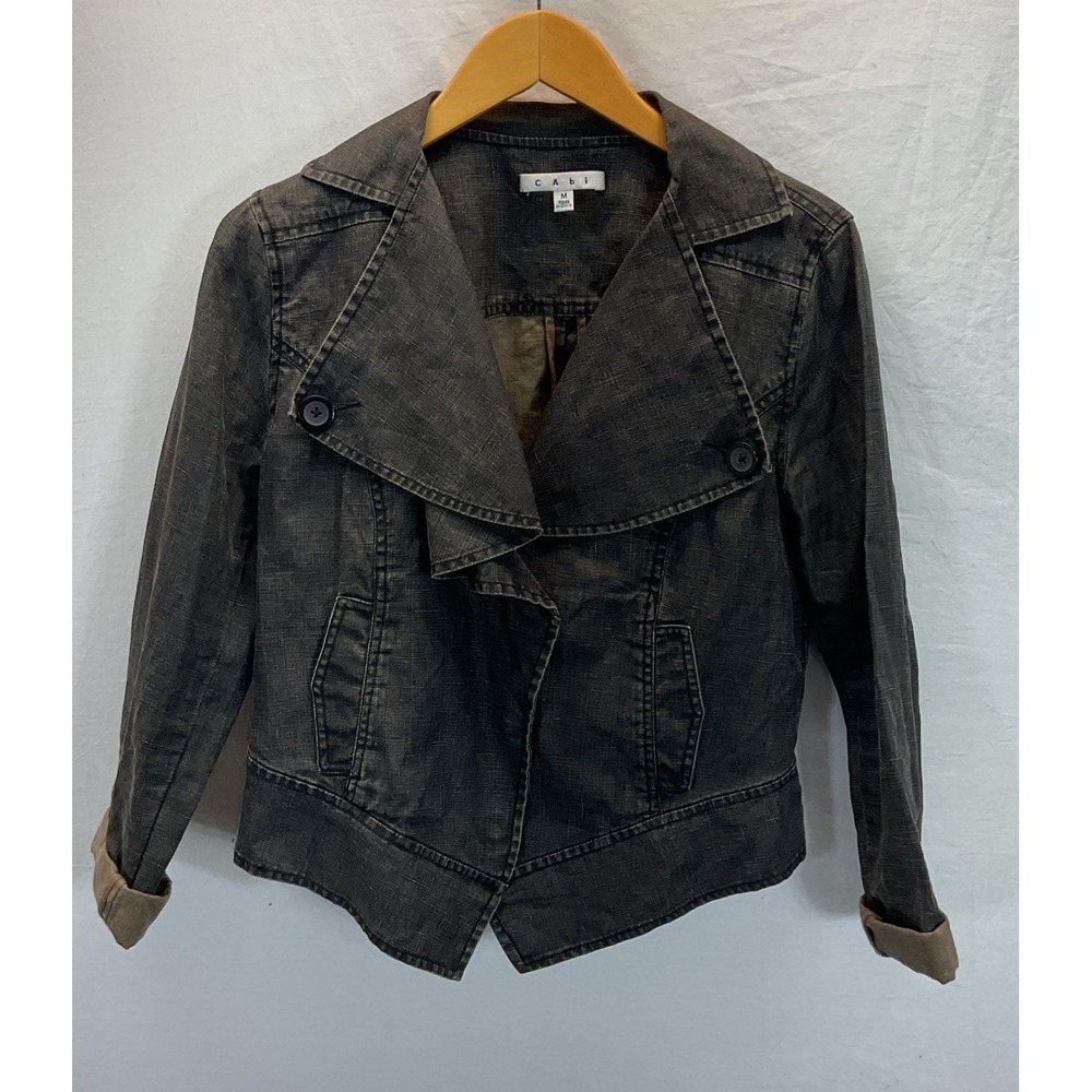 Cabi Sz M Coated Linen Jacket Style 901 Black Waxed Finish Moto Biker 100% Linen